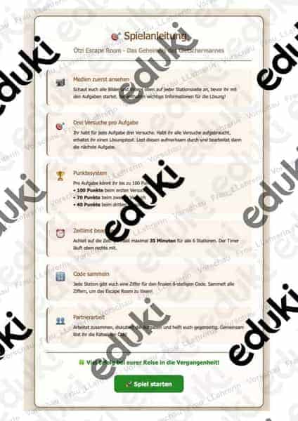 Vorschau - Arbeitsblätter - Ötzi Escape Room - Online Game - Seite 1