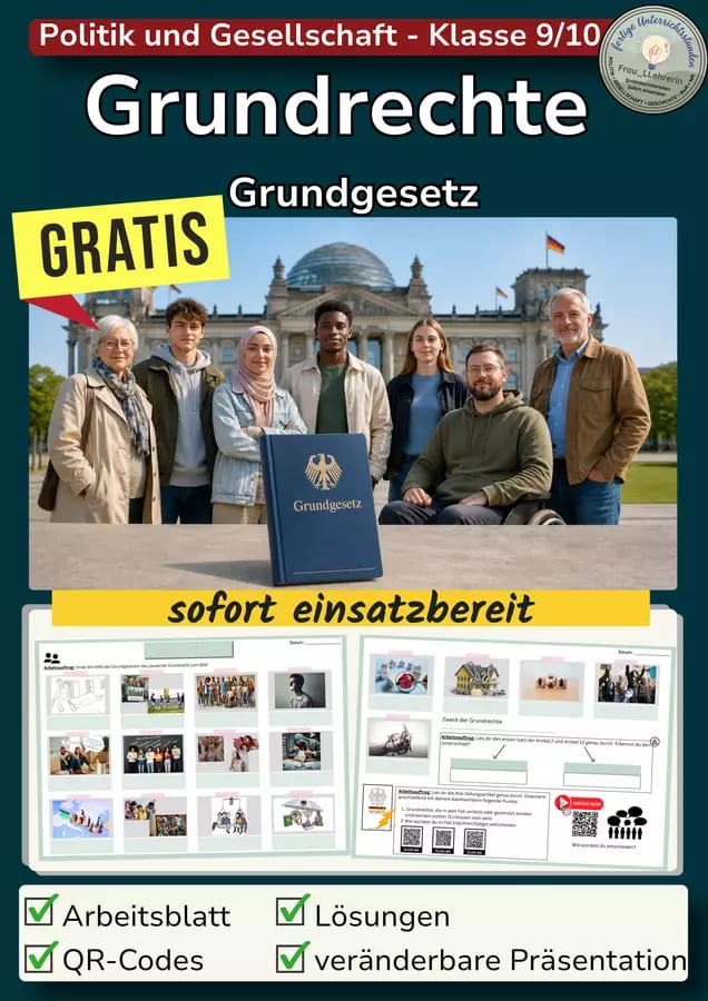 Cover des Unterrichtsmaterials Grundrechte mit einer vielfältigen Personengruppe vor dem Reichstagsgebäude
